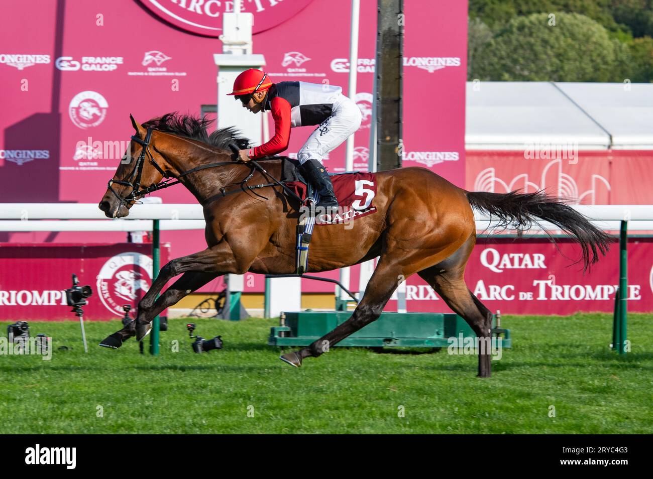 Paris, France, Saturday 30th September 2023. Poker Face and Aurelien Lemaitre win the Group 2 Prix Daniel Wildenstein for trainer Simon & Ed Crisford and owner Mr Edware Ware. Credit JTW Equine Images / Alamy Live News Stock Photo