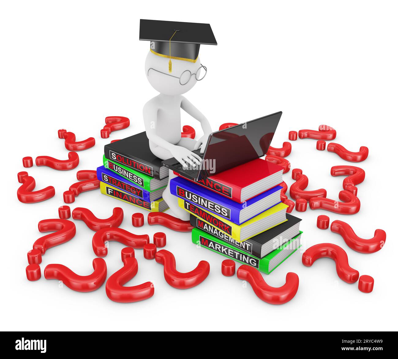 Man with laptop and question marks Stock Photo - Alamy