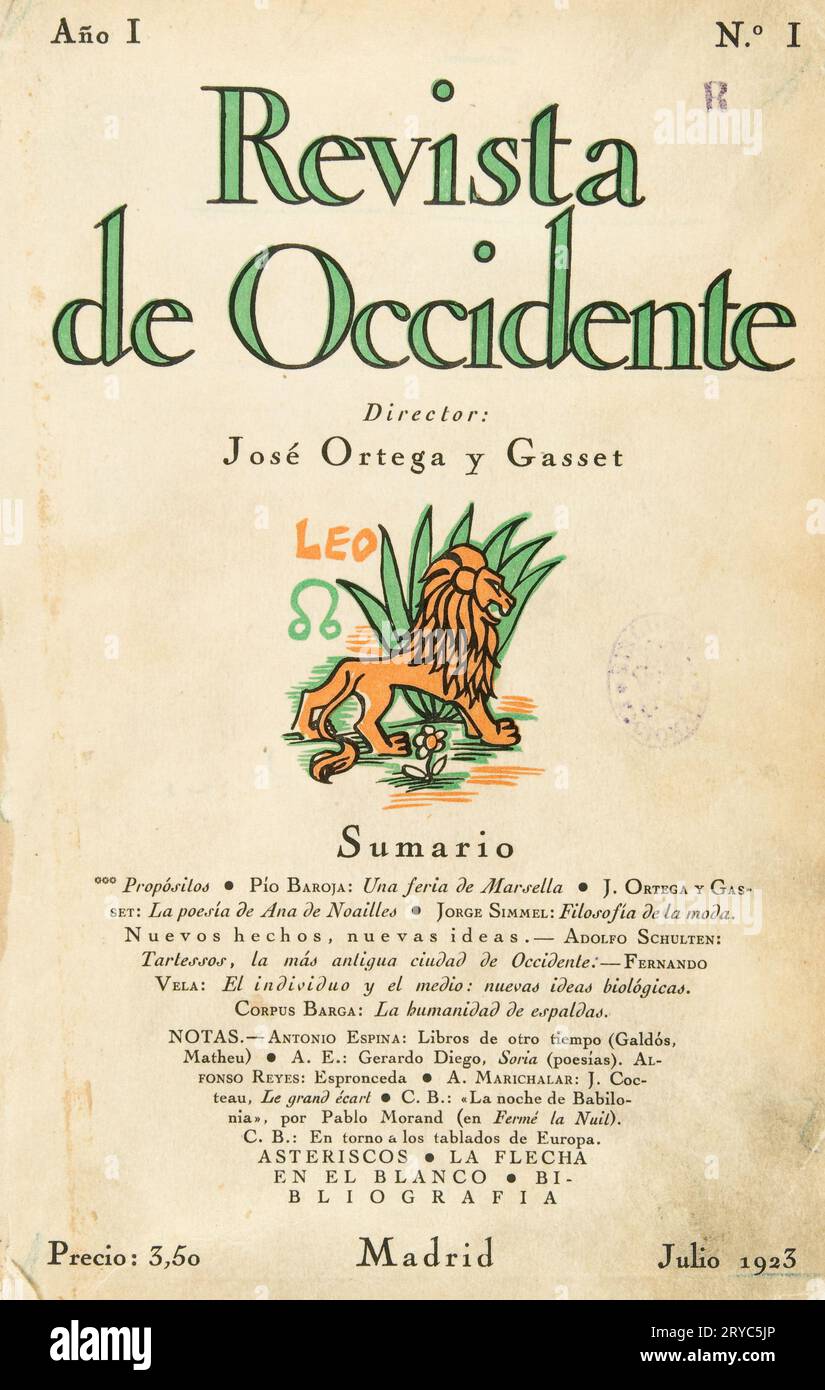 Revista de Occidente de José Ortega y Gasset. Año 1, número 1, julio 1923. Stock Photo