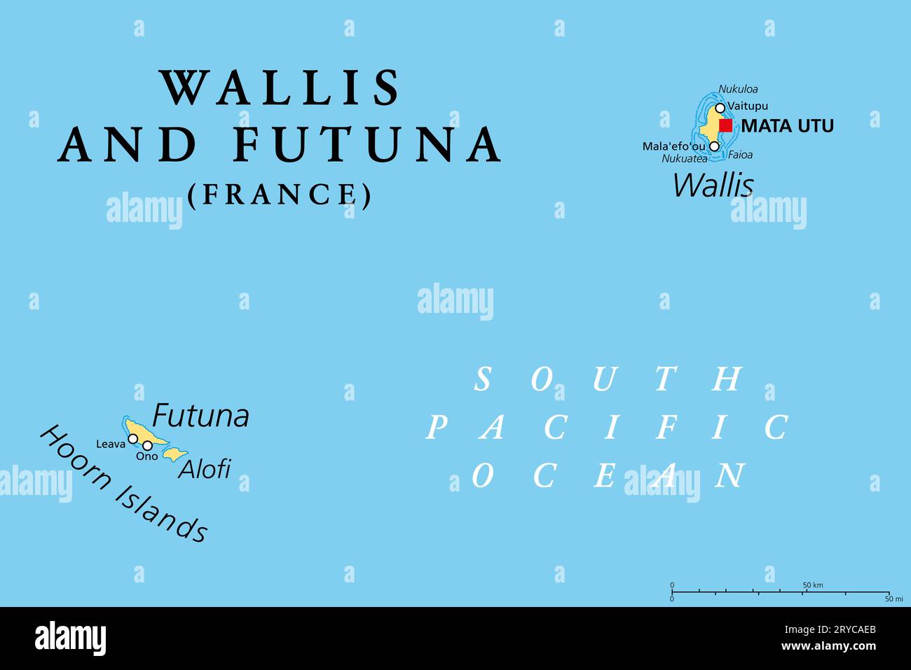 Wallis and Futuna, political map. Island collectivity of France in the South Pacific with capital Mata Utu, consisting of three main volcanic islands. Stock Photo