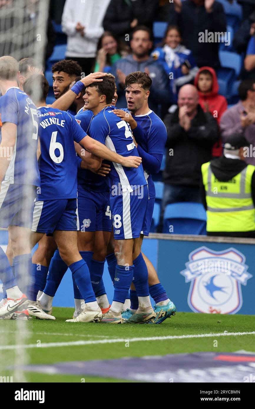 Cardiff, UK. 30th Sep, 2023. Perry NG of Cardiff city (c) celebrates