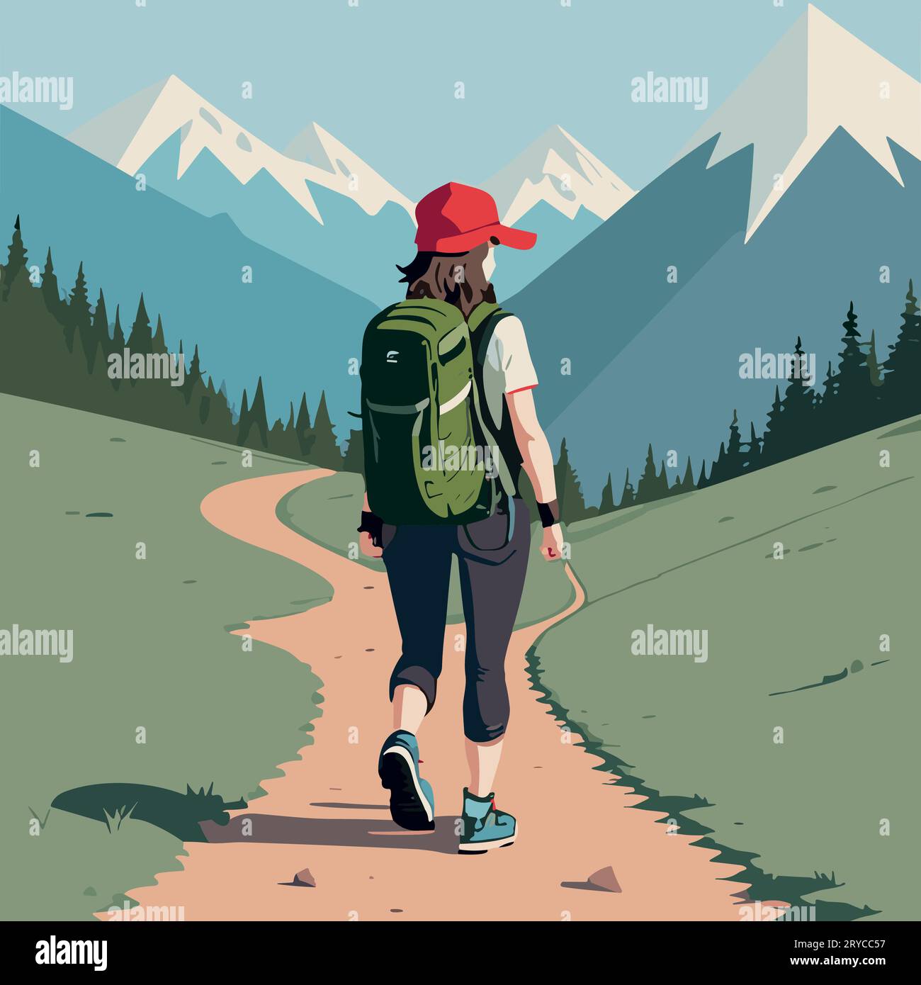 Tourist or hiker person hiking with a backpack, walking through the mountain, flat design vector illustration Stock Vector