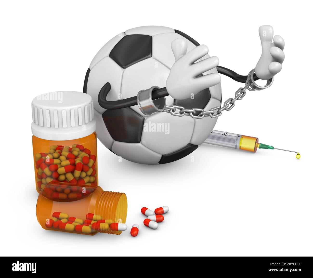 Ball in handcuffs with capsules Stock Photo