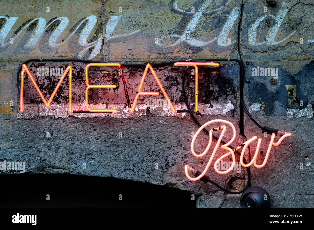 Red neon sign on the exterior of the Meat Bar restaurant, West Regent Street, Glasgow, Scotland, UK, Europe Stock Photo