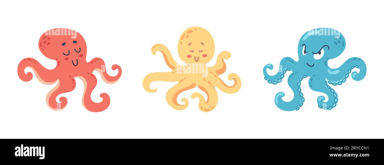 Set of cute funny colorful octopuses. Marine life. Vector cartoon set of ocean invertebrates, marine animals, kraken with suckers on hands. Illustrati Stock Vector