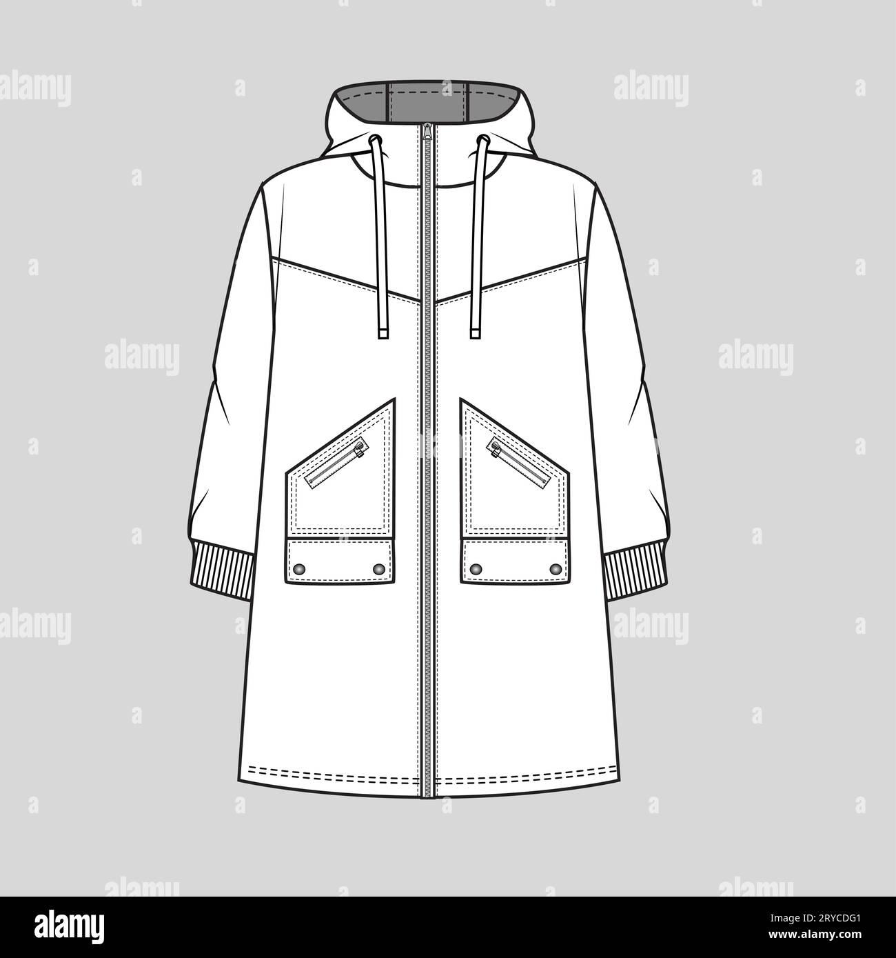 Winter Zipper Long hoodie Sweatshirt dress  flap button zipper pockets details drawstring long sleeve cuff rib flat sketch technical drawing template Stock Vector