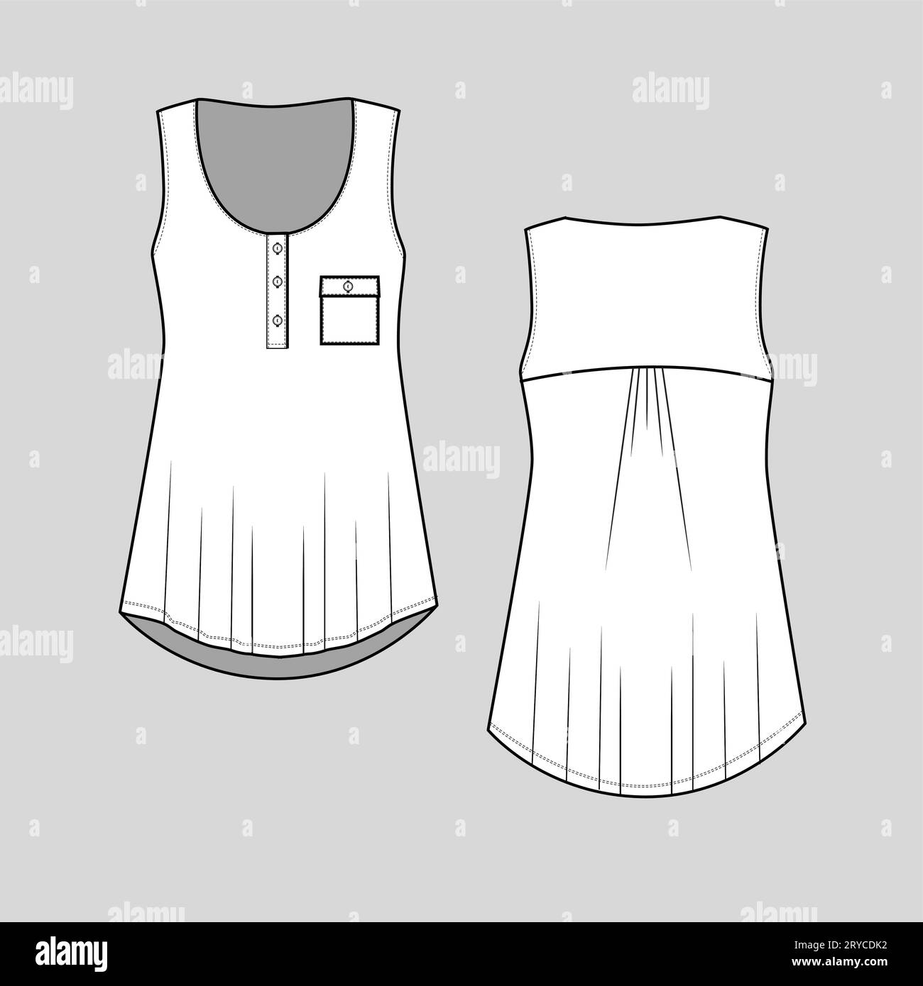 Women sleeveless blouse with placket and pocket t shirt top button panel back pleats gathering dip hem Fashion Flat sketch technical drawing template Stock Vector