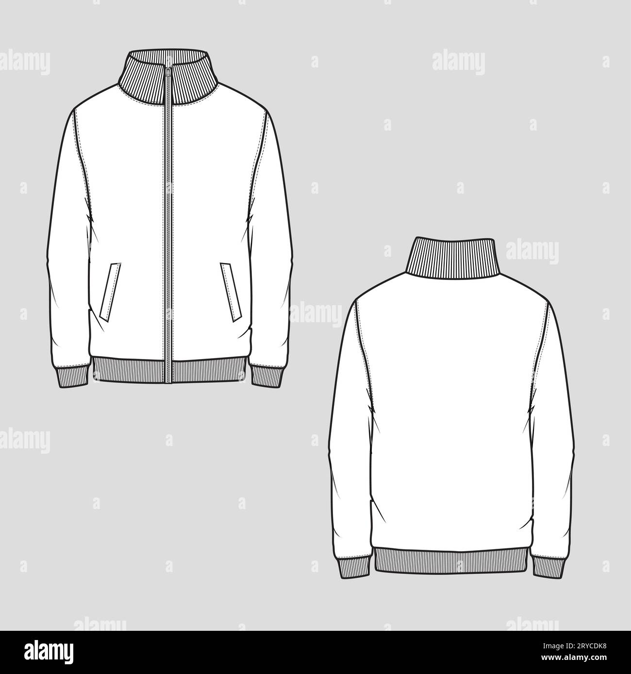 Men Zipper High neck Sweatshirt Side pocket ribbed cuff fashion Flat Sketch cad mock up technical drawing template design vector Stock Vector