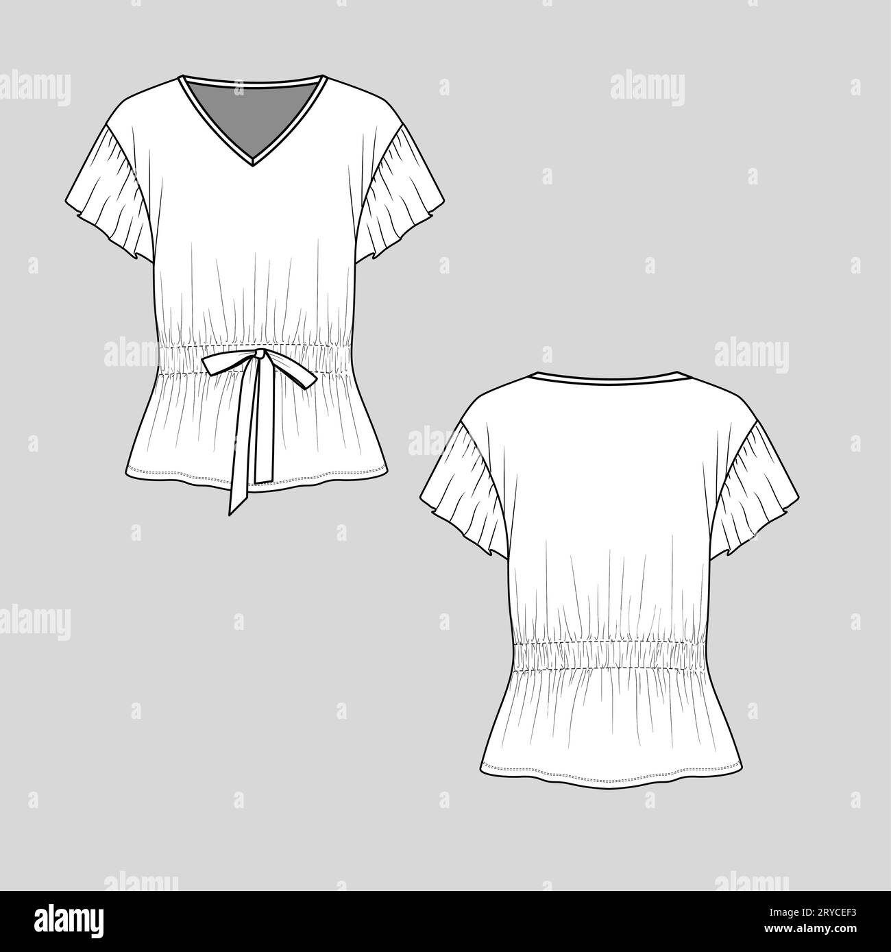 Women drawstring waist ruffle sleeve v neck t shirt  top blouse fashion flat sketch technical drawing template cad design vector Stock Vector