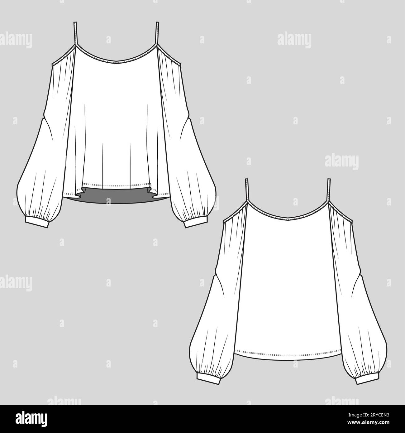 Women Fashion Balloon Sleeve open Shoulder Cami top long sleeve gathering Tank top T shirt top blouse flat sketch mock up  technical drawing template Stock Vector
