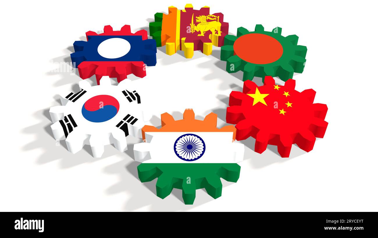 Asia-Pacific Trade Agreement members flags on gears Stock Photo