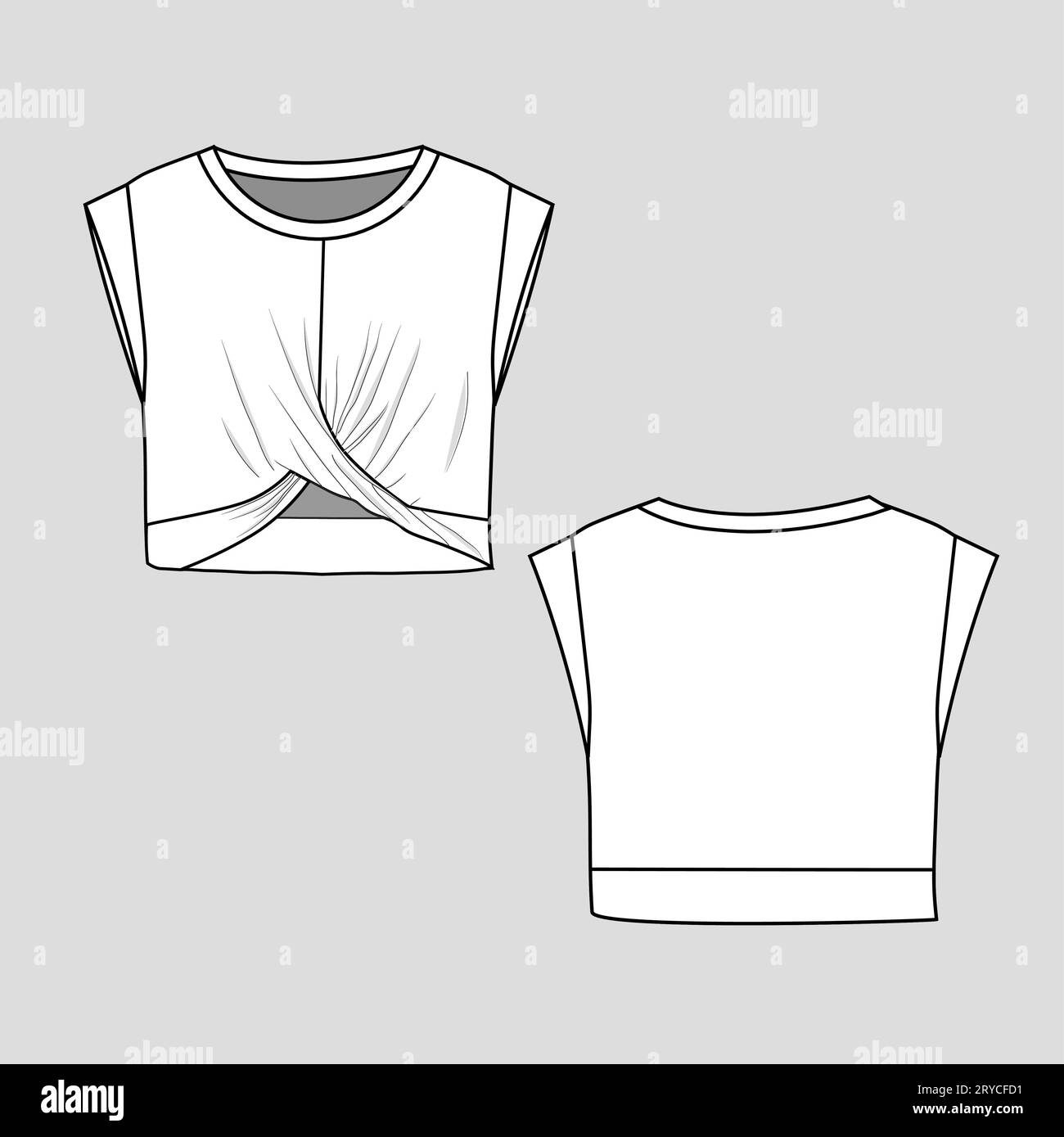 Women front twist crop top t-shirt round neck Cap sleeve  fashion knot blouse flat sketch technical drawing template cad mock up deign vector Stock Vector
