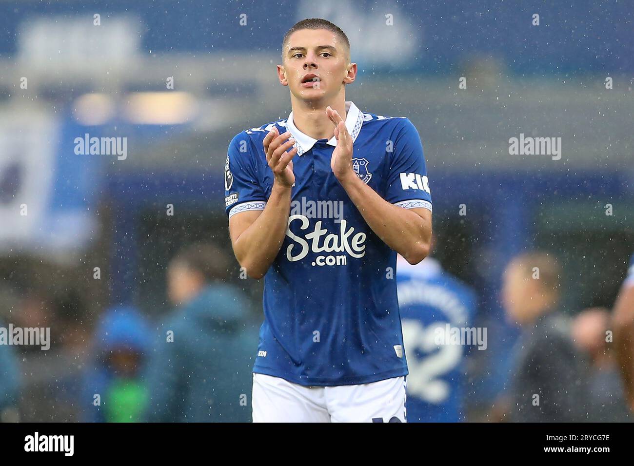 Liverpool, UK. 30th Sep, 2023. Vitaliy Mykolenko of Everton looking detected as he thanks the fans at the end of the game. Premier League match, Everton v Luton Town at Goodison Park in Liverpool on Saturday 30th September 2023. this image may only be used for Editorial purposes. Editorial use only, license required for commercial use. No use in betting, games or a single club/league/player publications. pic by Chris Stading/Andrew Orchard sports photography/Alamy Live news Credit: Andrew Orchard sports photography/Alamy Live News Stock Photo