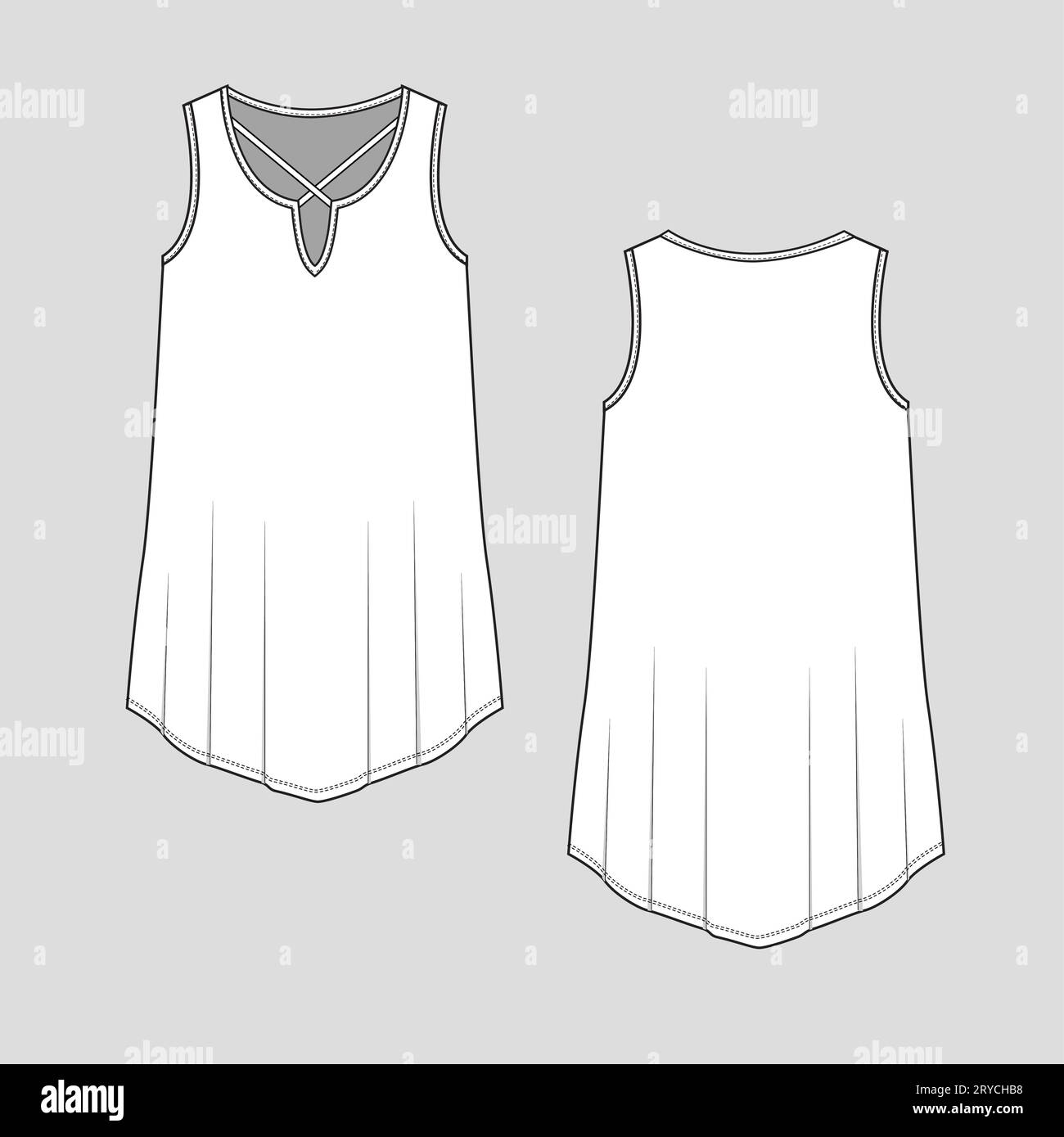 Women tunic tank top criss cross notch neck Fashion top flat sketch