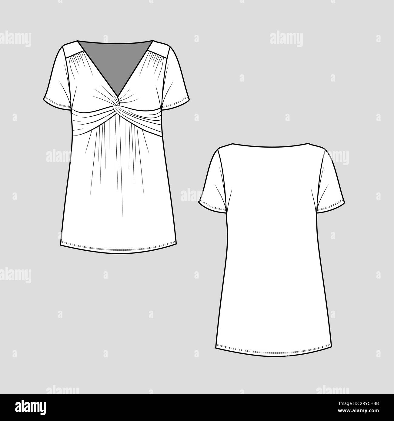 Women tunic top Front Twist knot gathering v neck short sleeve t shirt blouse top fashion flat sketch technical drawing template design vector Stock Vector