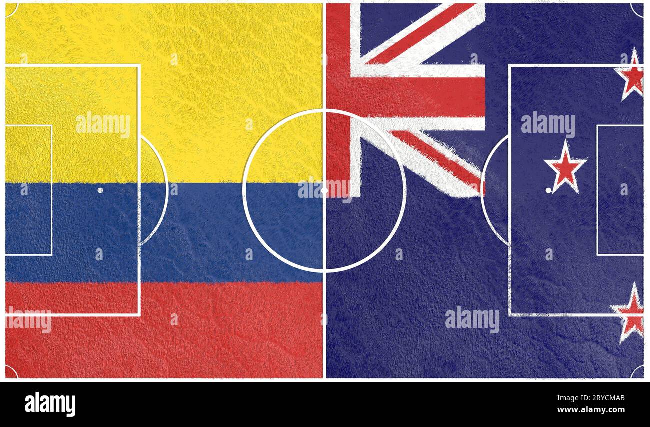 Colombia vs New Zealand. Football field textured by flags Stock Photo