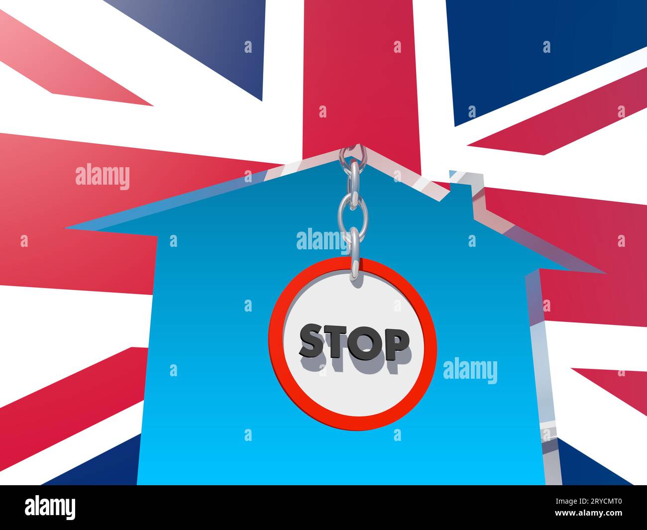 Road stop sign in home icon textured by britain flag Stock Photo - Alamy