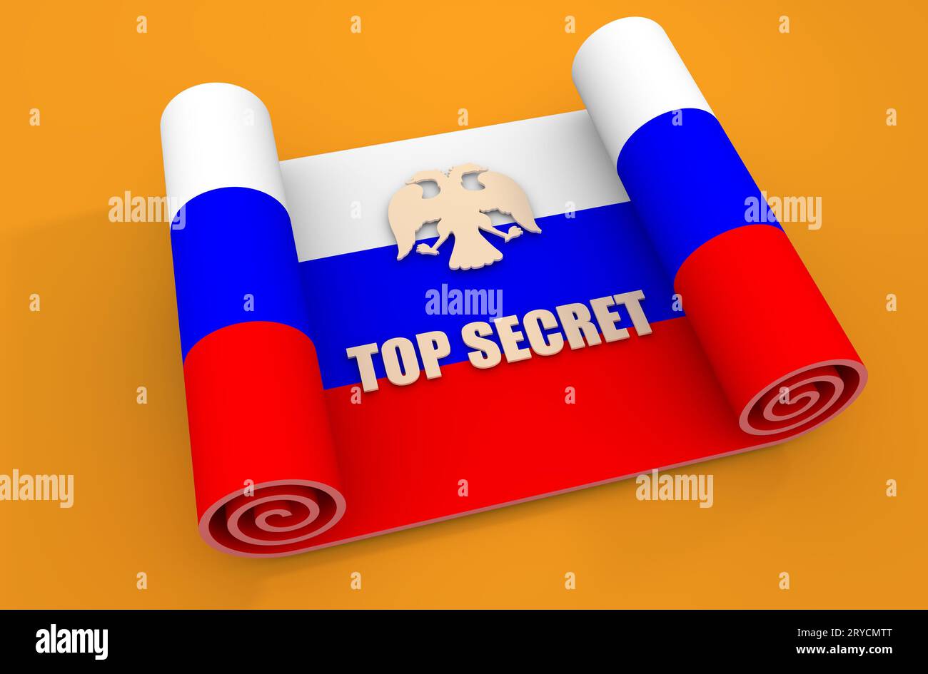 Top secret text on paper scroll textured by Russian flag Stock Photo