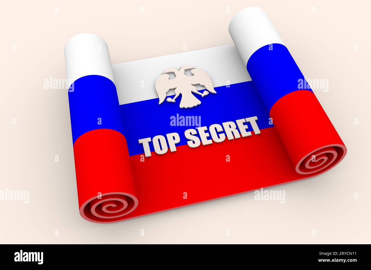 Top secret text on paper scroll textured by Russian flag Stock Photo