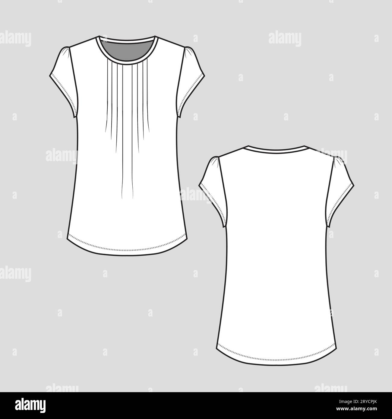 Women Front Pleat Puff Sleeve Crew Neck Fashion Pleated T shirt Top blouse  Cad Flat Sketch technical drawing template design vector Stock Vector