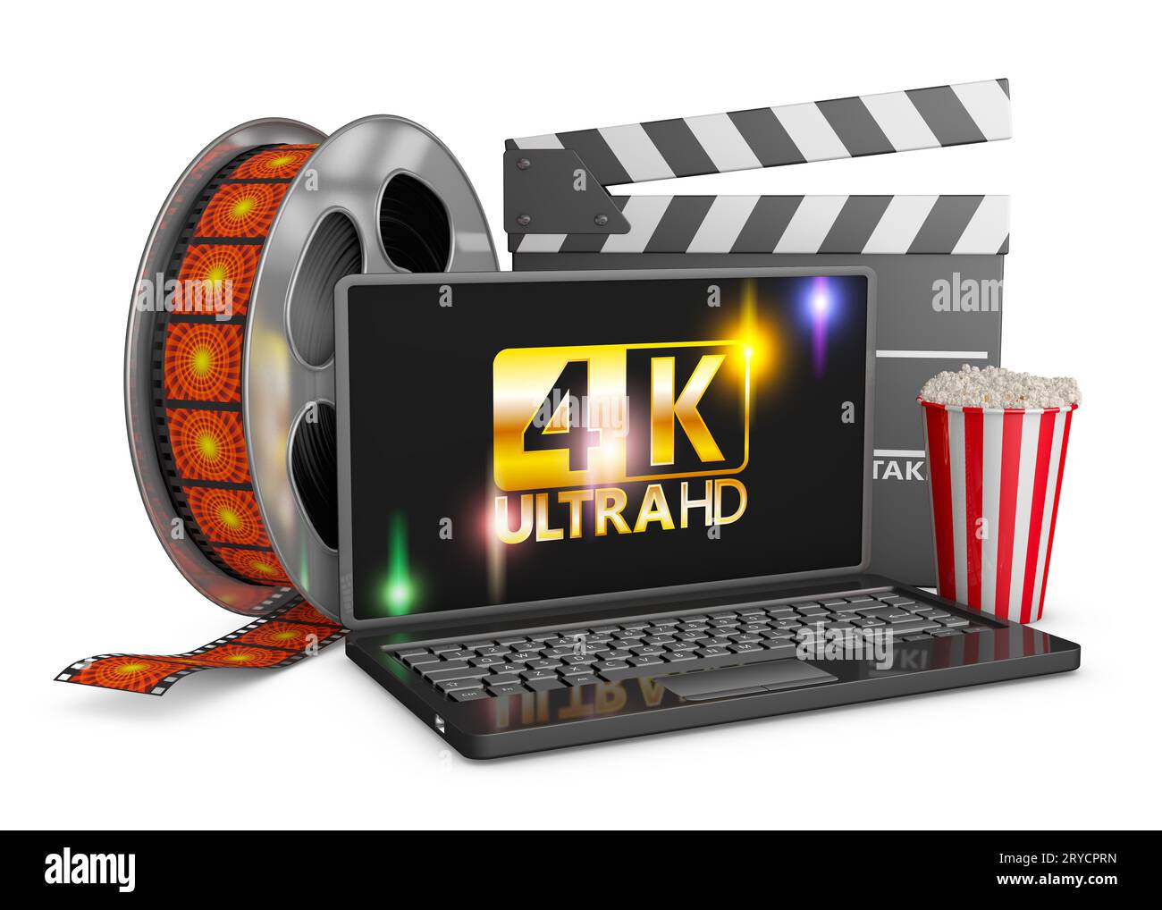 4K laptop, popcorn and film strip Stock Photo