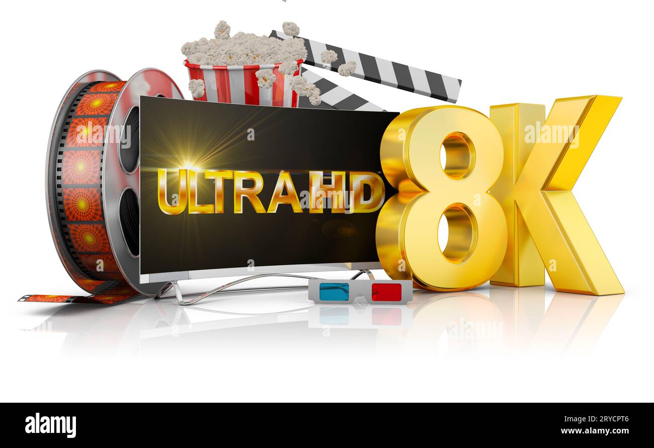 8K TV, popcorn and film Stock Photo