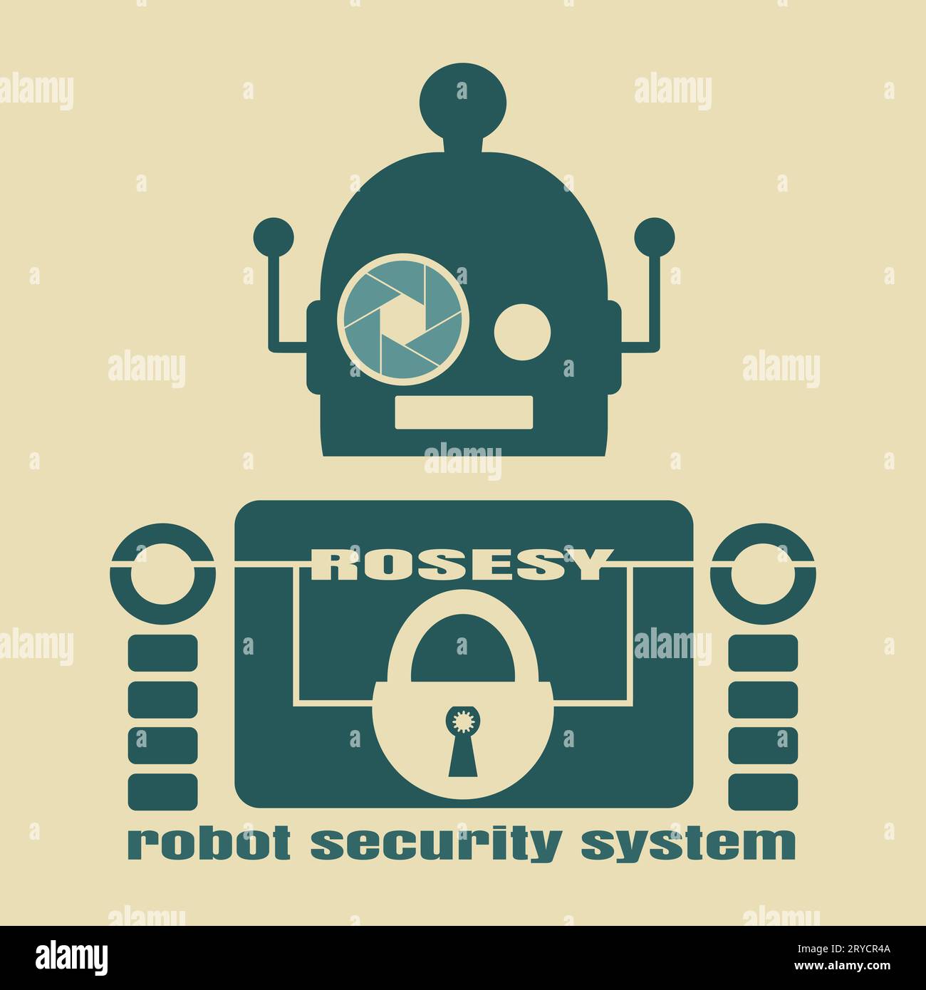 Funny security robot . ROSESY robot security system text. Robotics