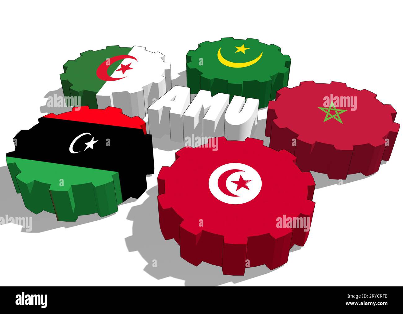 Arab Maghreb Union members national flags on gears Stock Photo