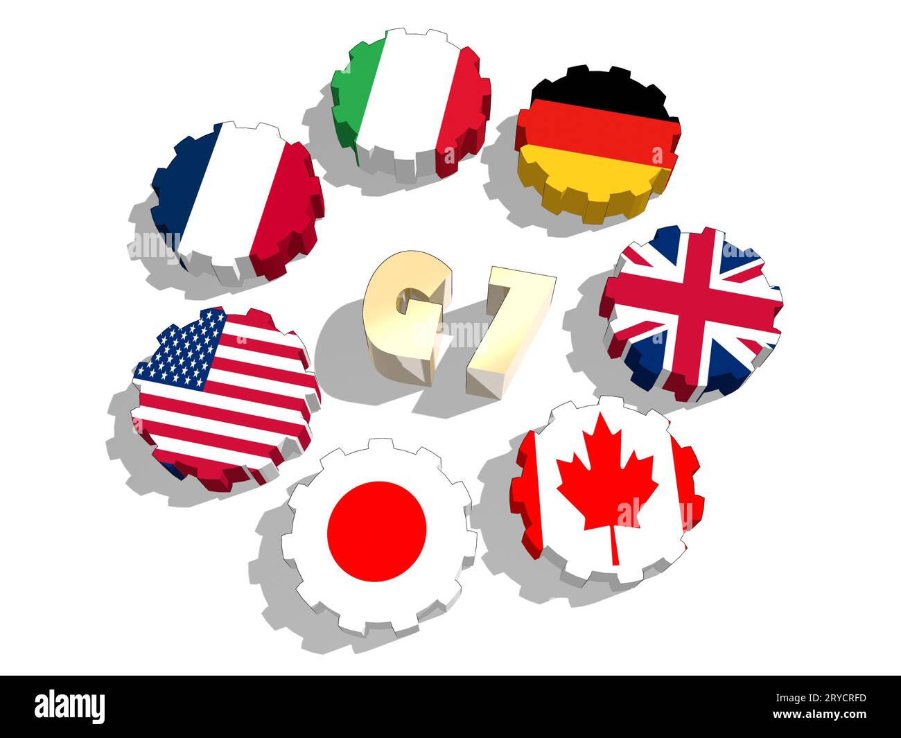Giant seven members national flags on gears Stock Photo
