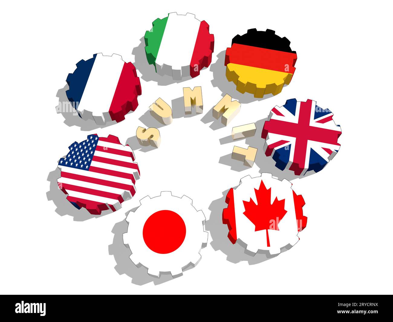 Giant seven members national flags on gears Stock Photo