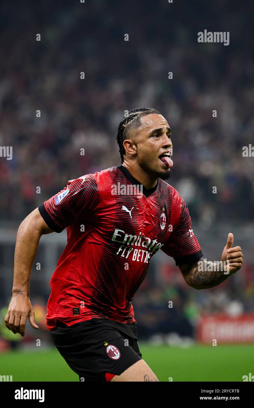 Milan, Italy. 30 September 2023. Noah Okafor of AC Milan celebrates ...