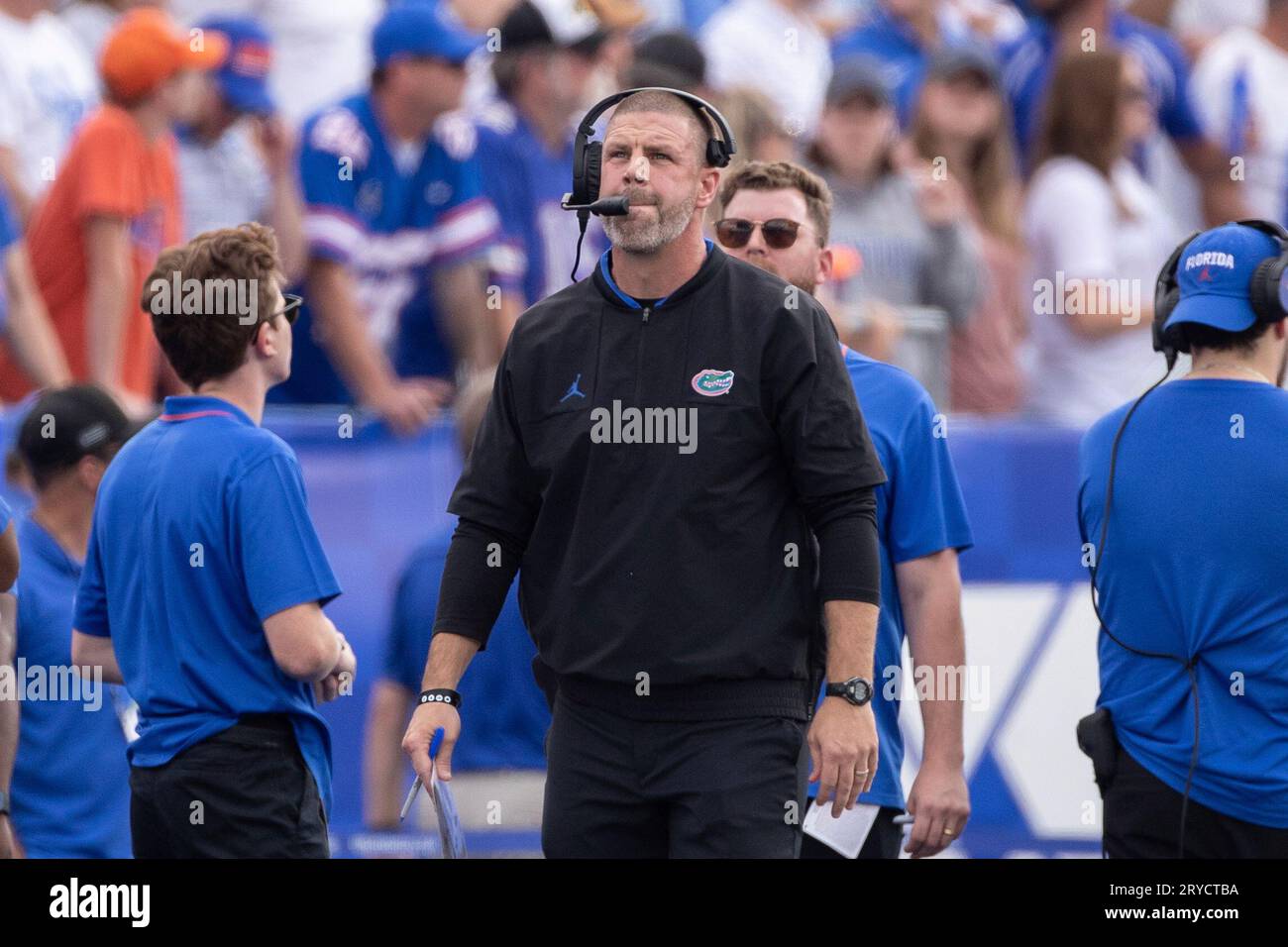 Florida head coach Billy Napier reacts to a horsecollar tackle penalty