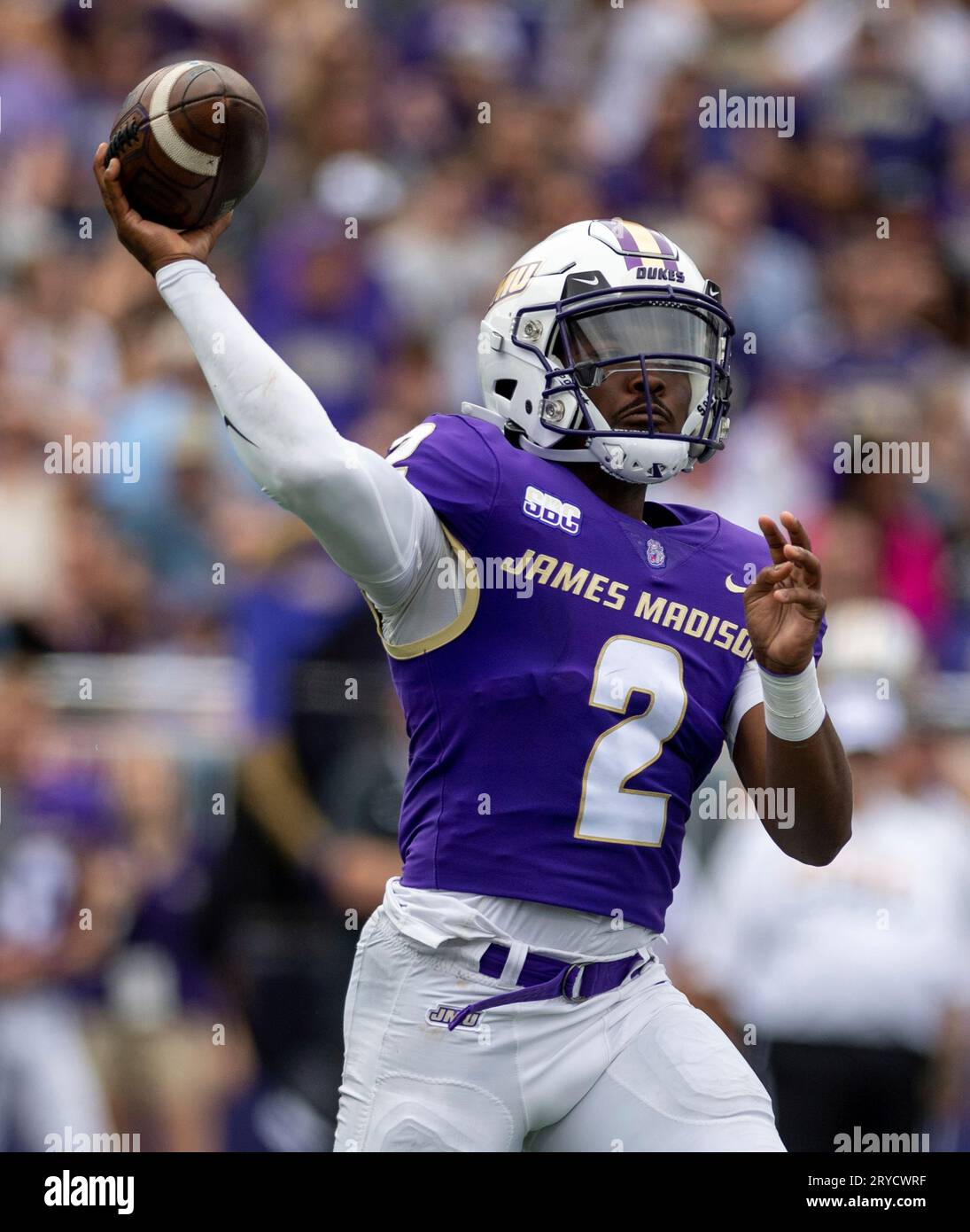 James Madison quarterback Jordan McCloud (2) fires off a pass during