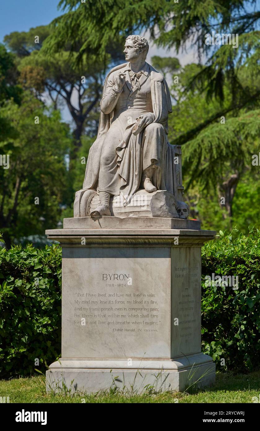 Byron statue in the park of Villa Borghese on a sunny day, Rome Stock Photo