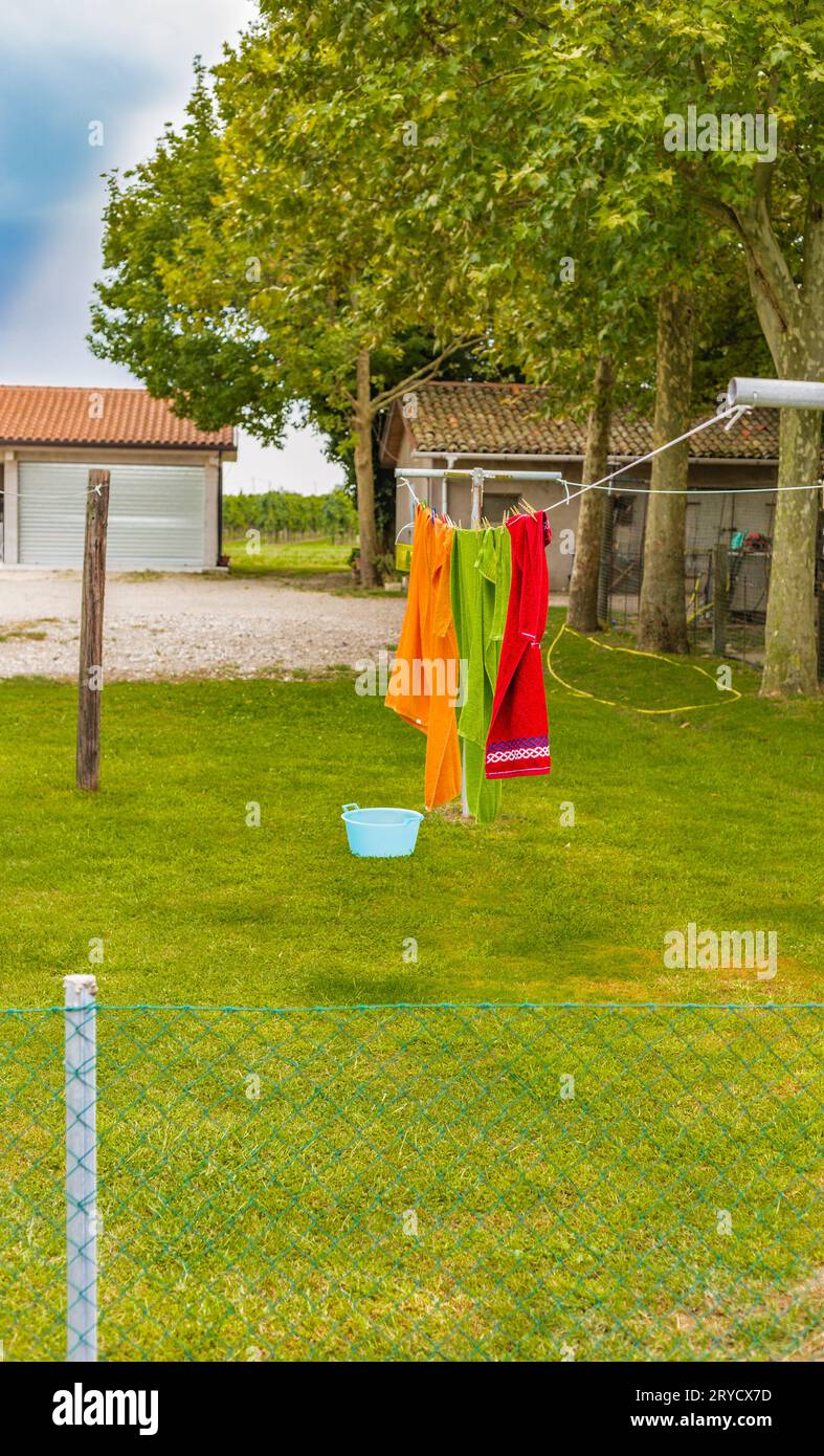 Laundry hanging to dry in the countryside Stock Photo