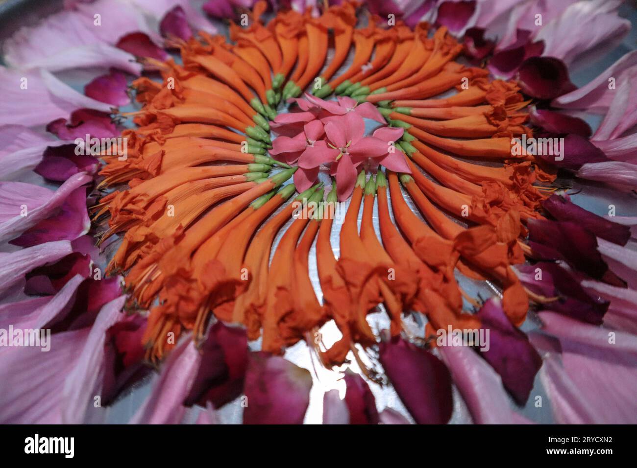 Beautiful flower rangoli also used as aarti thali decorated on pooja