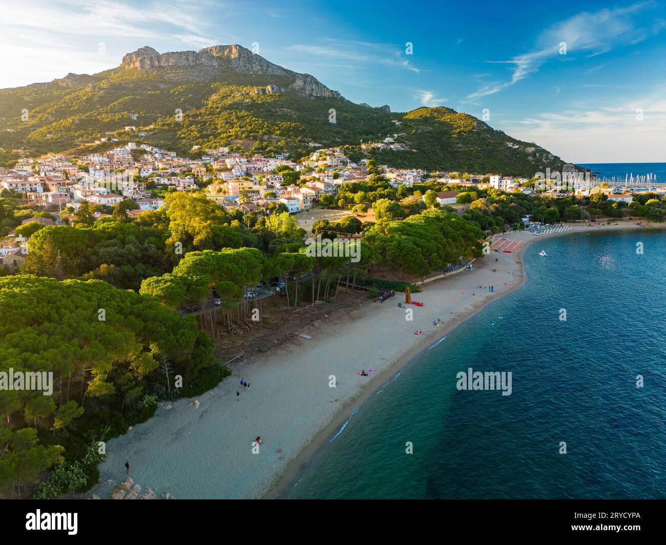 Aerial drone panoramic view of the Santa Maria Navarrese beach. Sardinia, Italy Stock Photo