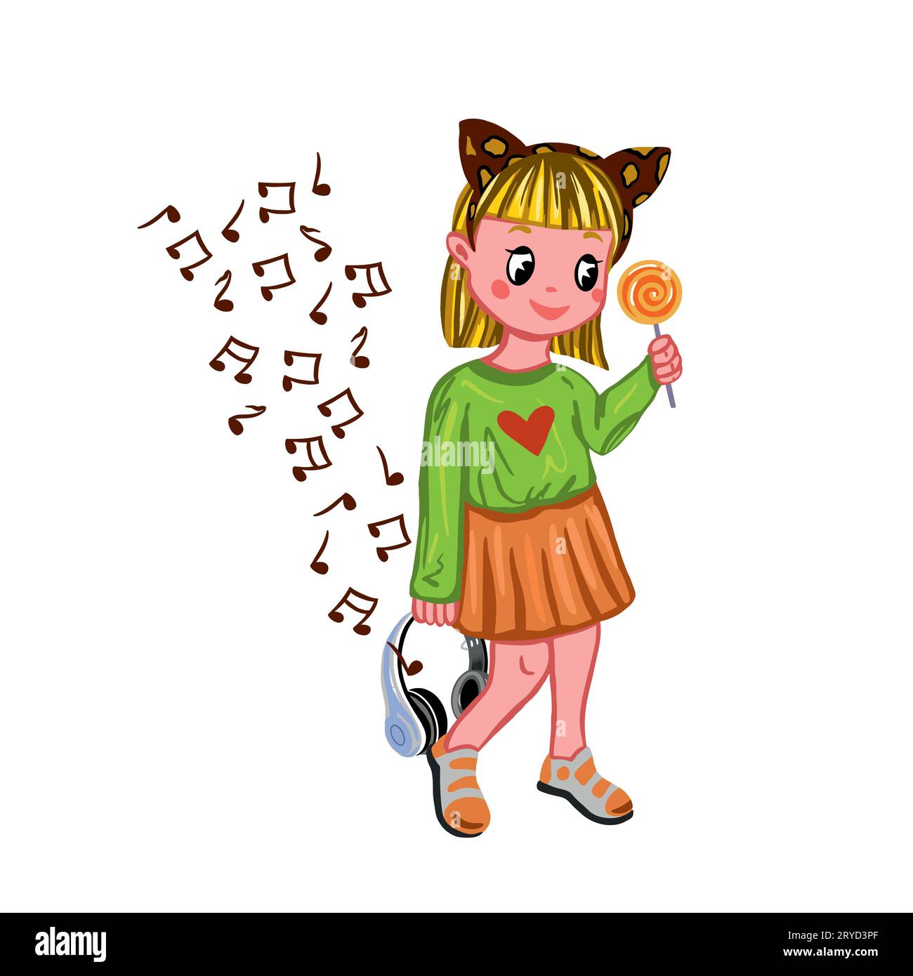A girl in a headband with ears holding candy in her hands. Vector illustration. Greeting cards, invitations, posters, banners, book illustrations. Stock Vector