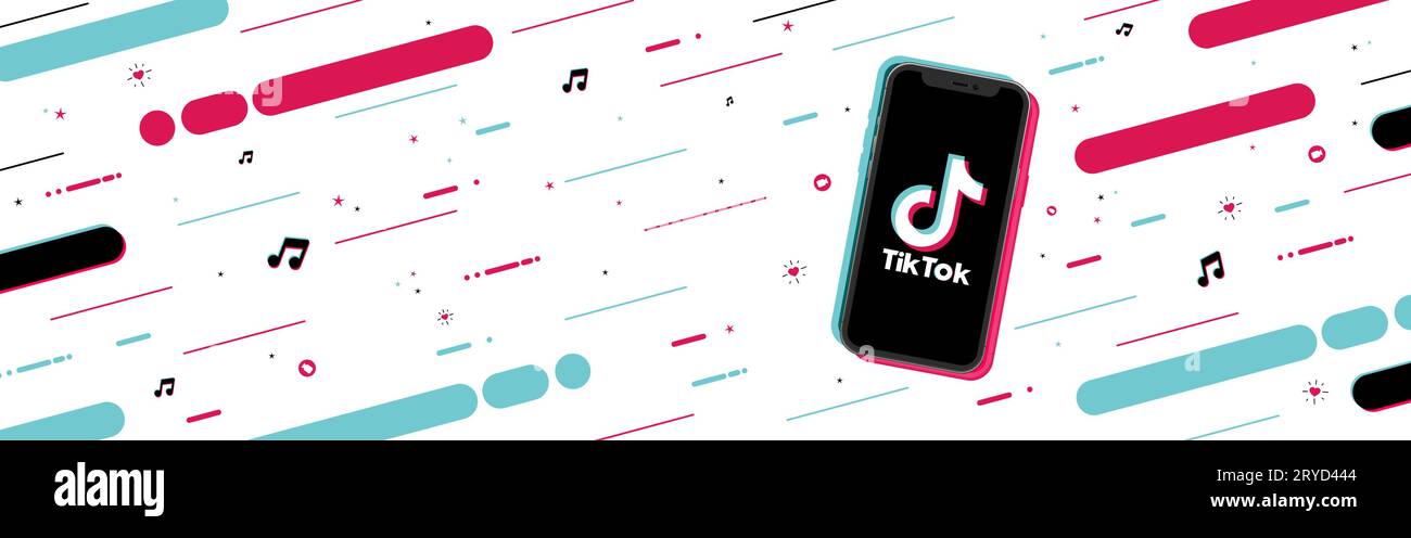 Tik Tok banner with copyspace. Logo on the screen phone with a modern pattern consisting of colored stripes on a white background. Vector illustration Stock Vector