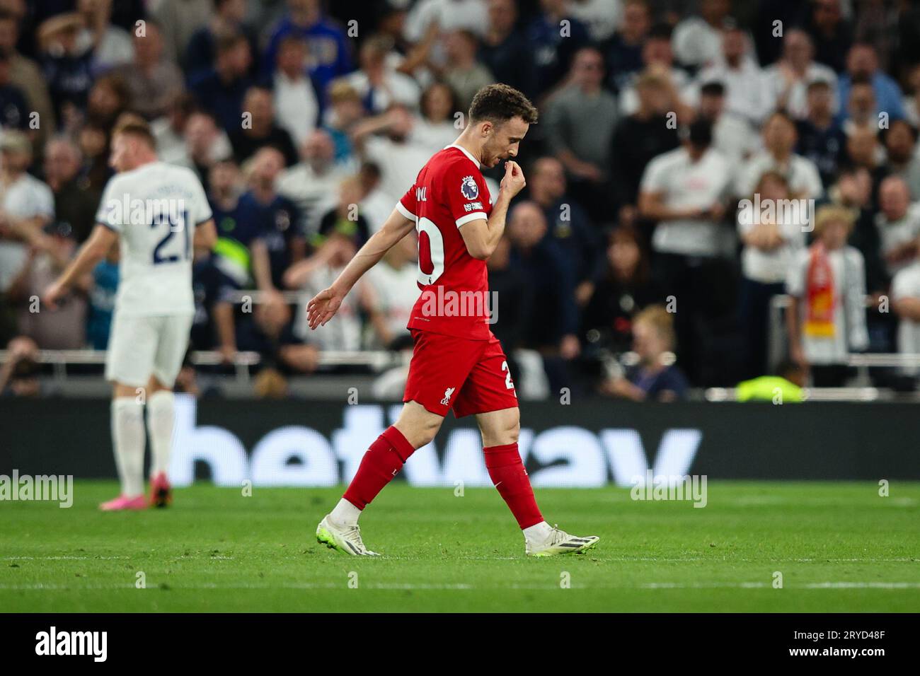 LONDON, UK - 30th Sep 2023: Diogo Jota of Liverpool reacts after being ...