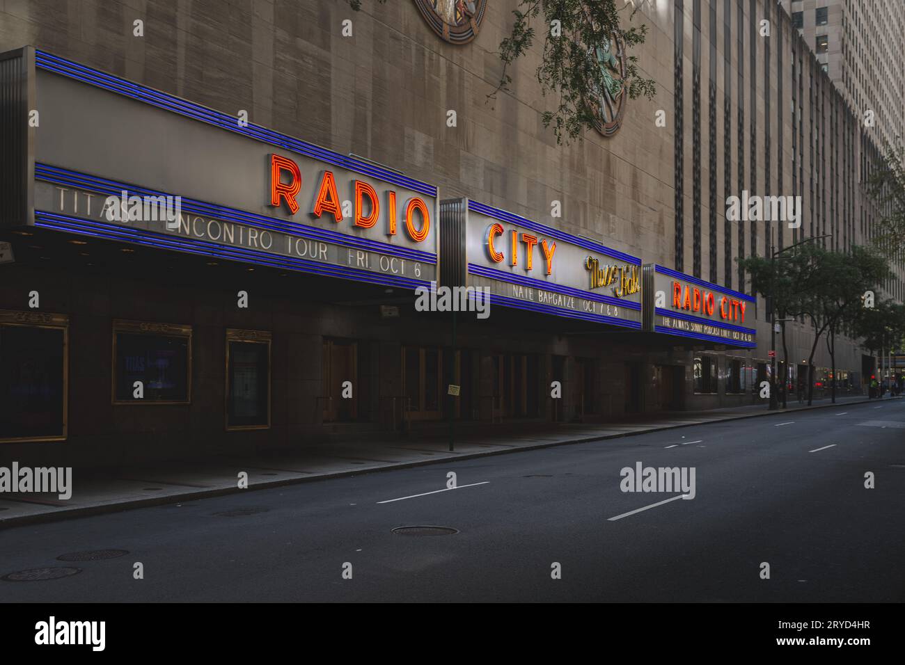 RADIO CITY MUSIC HALL, NEW YORK, USA, - SEPTEMBER 15, 2023.  A vintage edit of the famous neon sign and entrance of The Radio City Music Hall in an ur Stock Photo