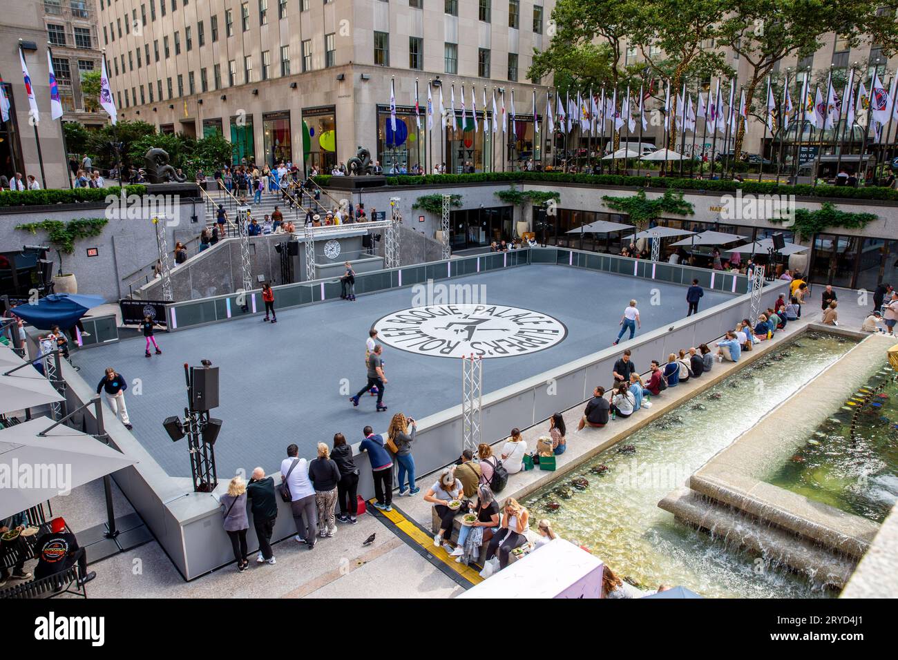 ROCKERFELLER CENTER, NEW YORK, USA, - SEPTEMBER 15, 2023.  The roller skater rink in the Lower Plaza of The Rockerfeller Center in New York City with Stock Photo