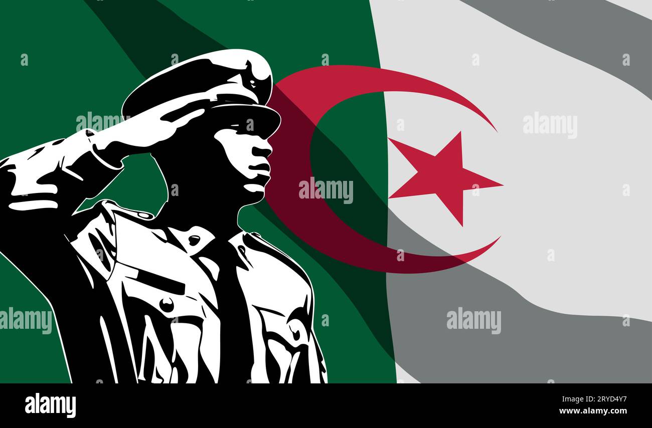 Silhouette of soldier with Algeria flag on background. Army day concept Stock Vector