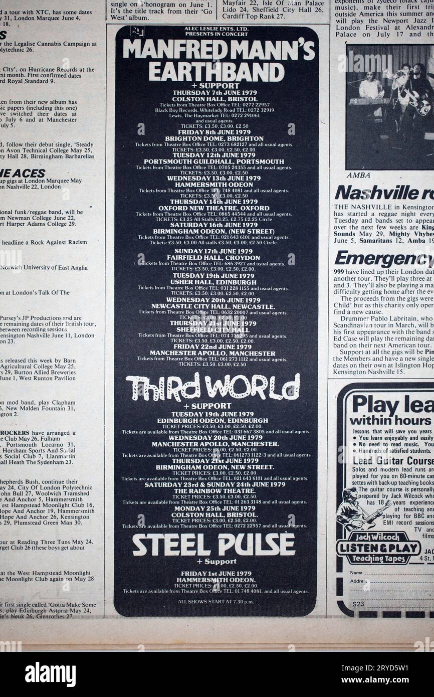 Advert for concerts in 1970s issue of NME New Musical Express Music Paper - Manfred Manns Earthband Third World Steel Pulse Stock Photo