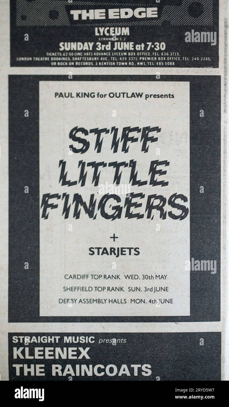 Advert for Stiff Little Fingers concert tour  in in 1970s issue of NME New Musical Express Music Paper Stock Photo
