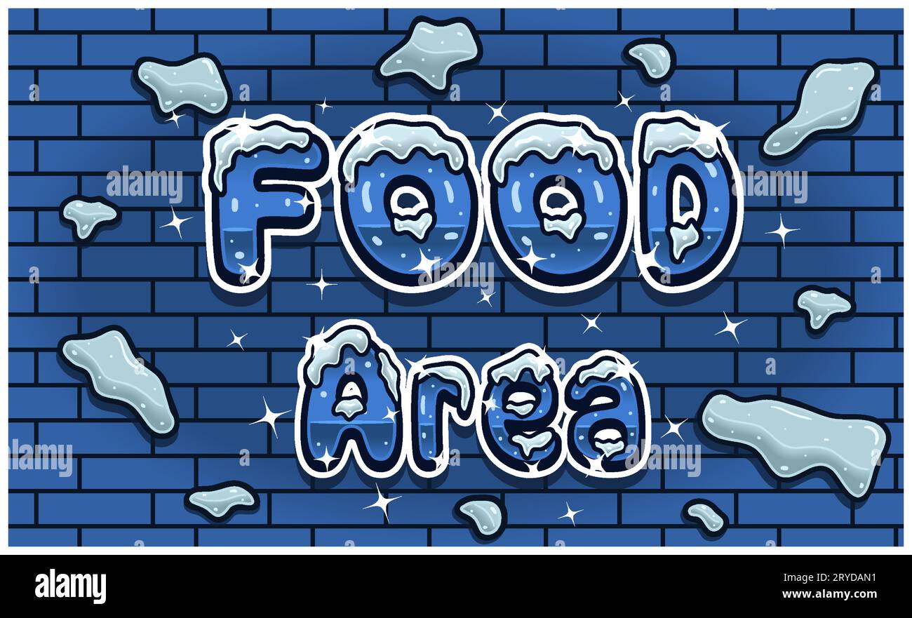 Food Area Lettering With Snow Ice Font In Brick Wall Background For Sign Template. Text Effect and Simple Gradients. Vectors Illustrations. Stock Vector