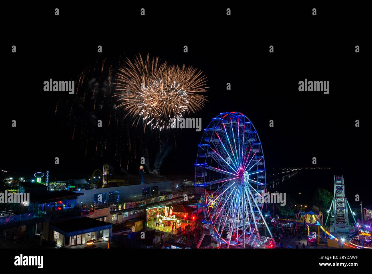 Southend on Sea, Essex, UK. 30th Sep, 2023. The first firework display of the seaside city’s Autumn season has taken place on the seafront. The displays will take place every Saturday evening until 18th November with the fireworks launched from a barge out on the estuary foreshore close to the pier. The event is organised by the Southend Seaside Partnership and Southend BID and aims to attract visitors to the seafront attractions and boost the night-time economy Stock Photo