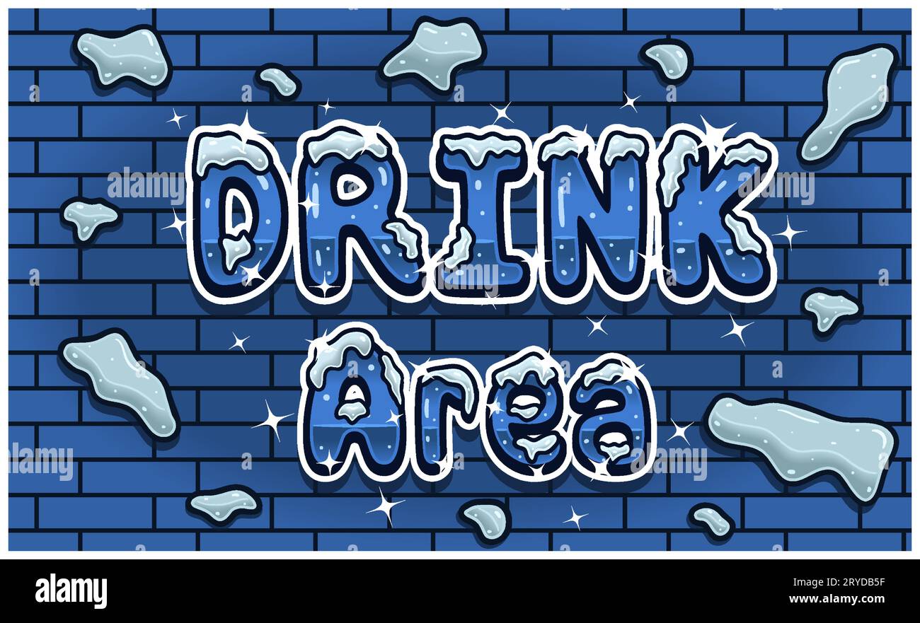 Drink Area Lettering With Snow Ice Font In Brick Wall Background For Sign Template. Text Effect and Simple Gradients. Vectors Illustrations. Stock Vector