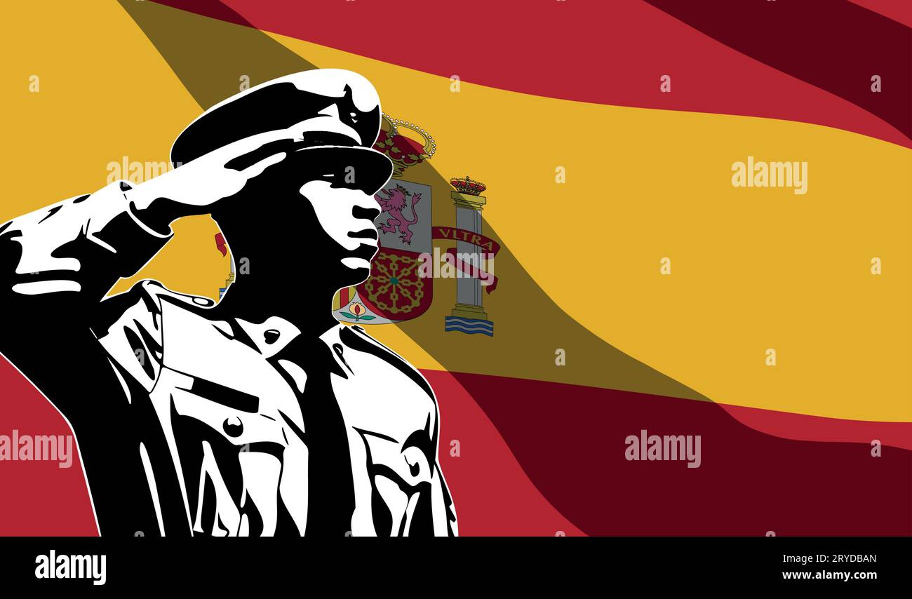 Silhouette of soldier with Spain flag on background. Army day concept Stock Vector