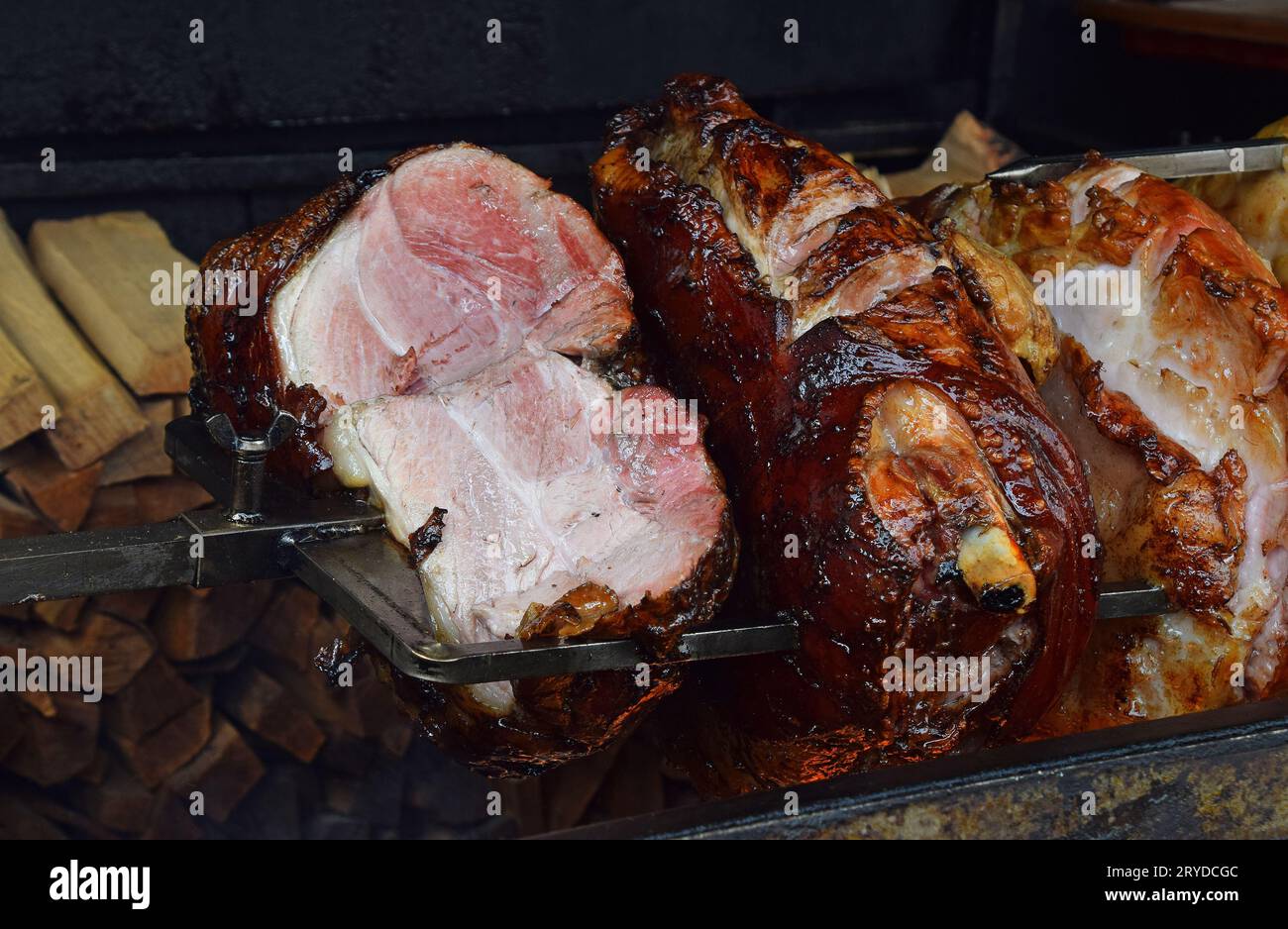 Close up pork meat roasted on open wood fire Stock Photo Alamy